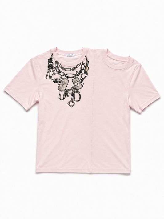 MINASEONG baby pink dual-neck chain short sleeve T-shirt laid flat