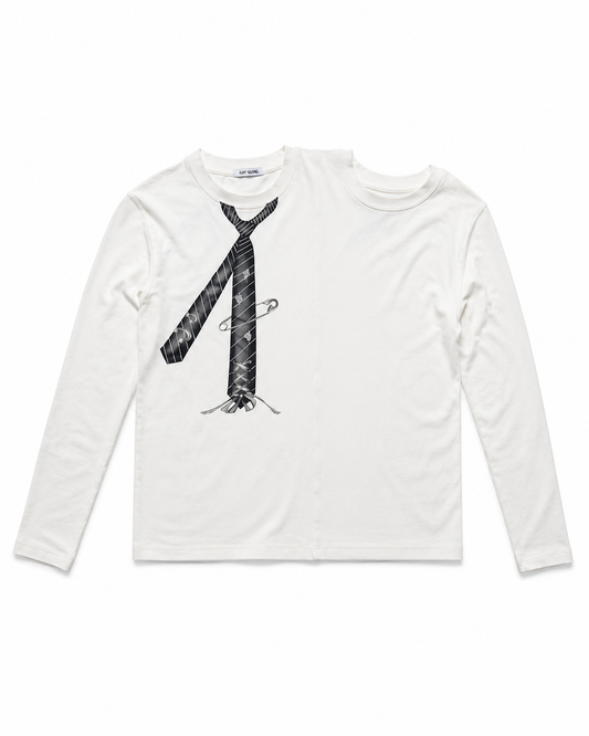 MINASEONG white dual-neck tie long sleeve T-shirt laid flat
