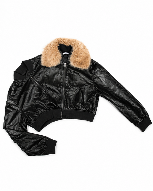 Front view of MINASEONG black faux leather bomber jacket with brown faux fur collar laid flat