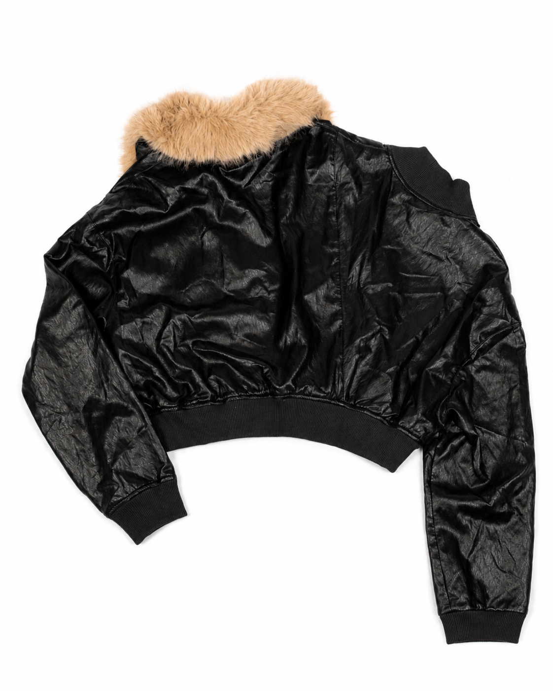 Back view of MINASEONG black faux leather bomber jacket with brown faux fur collar laid flat