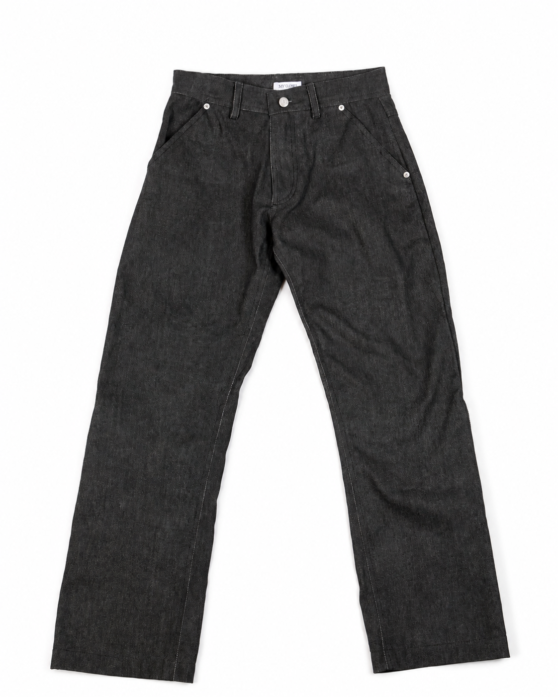 Front view of MINASEONG washed black wide-leg zip jeans laid flat
