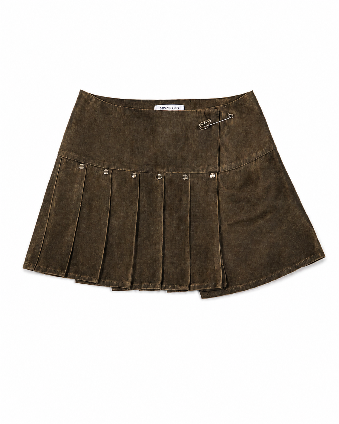 Front view of MINASEONG washed brown cotton pleated mini skirt laid flat
