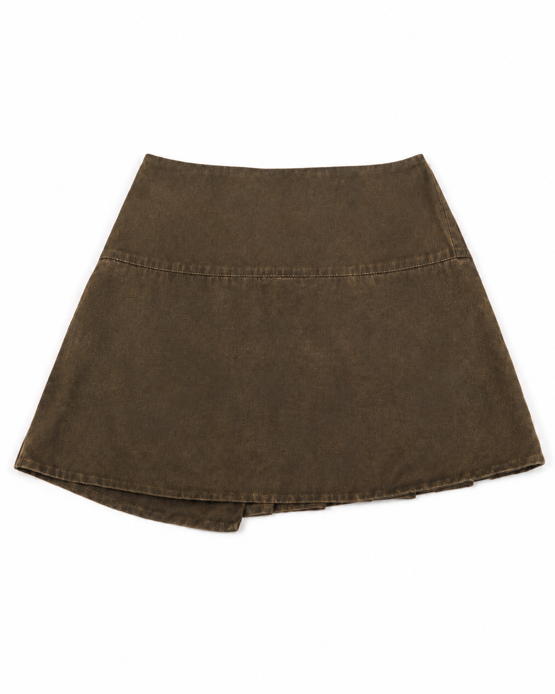 Back view of MINASEONG washed brown cotton pleated mini skirt laid flat