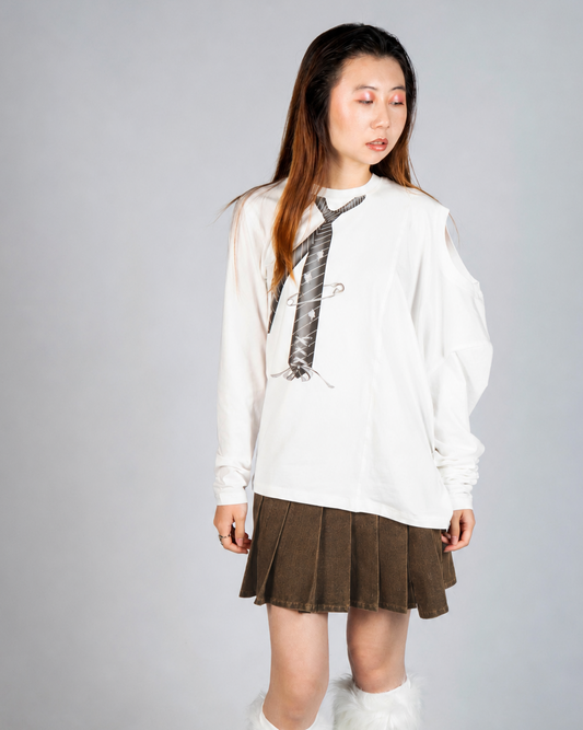 Front view of MINASEONG white dual-neck long sleeve T-shirt with tie graphic