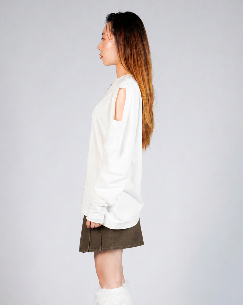 Left side view of MINASEONG white dual-neck long sleeve T-shirt