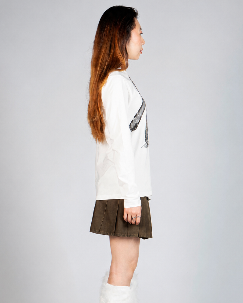 Right side view of MINASEONG ivory dual-neck long sleeve T-shirt