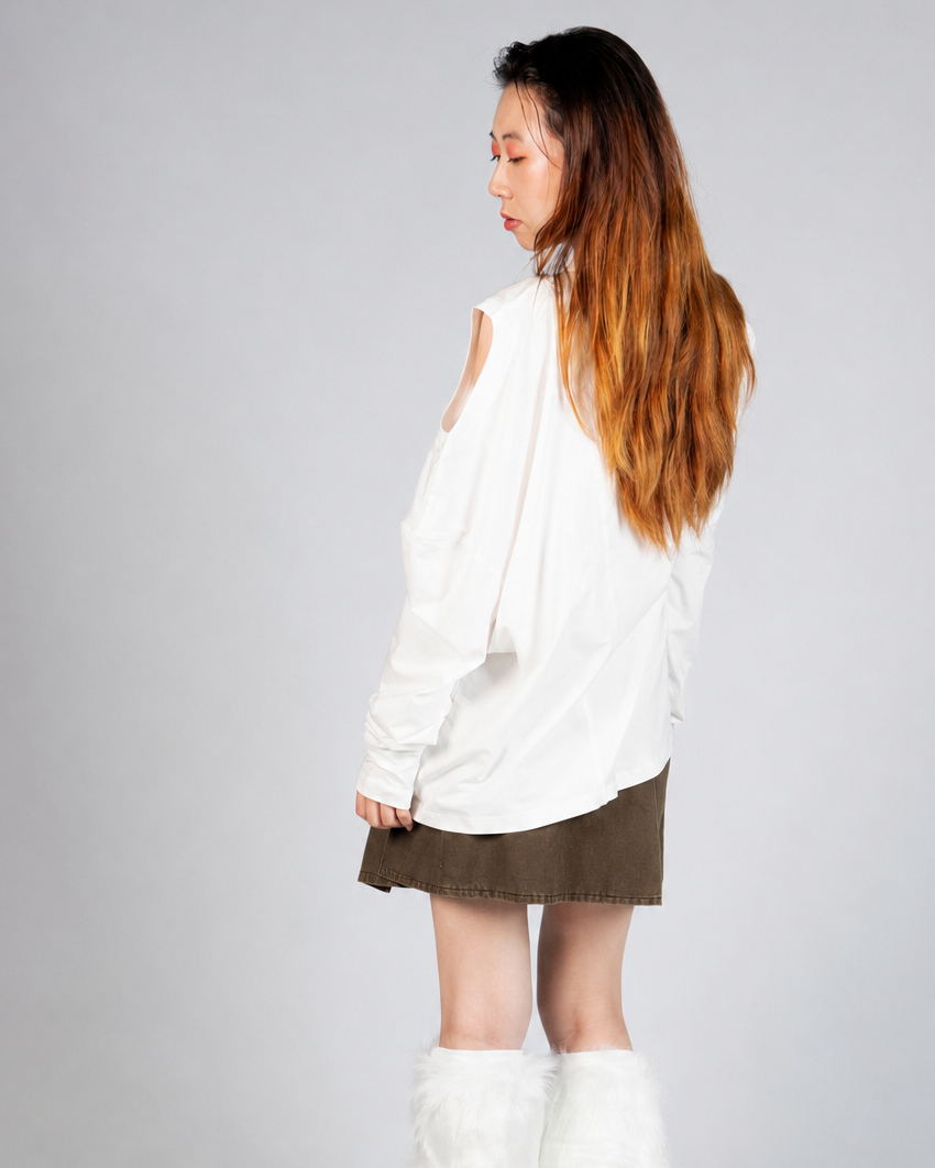Back view of MINASEONG white dual-neck long sleeve T-shirt