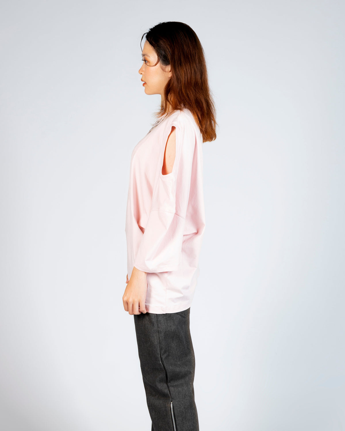 Right side view of MINASEONG baby pink dual-neck short sleeve T-shirt