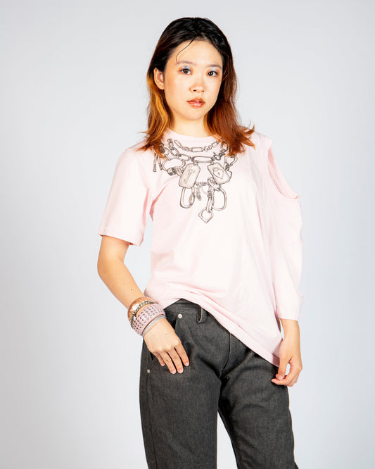 Front view of MINASEONG baby pink dual-neck T-shirt with chain and lock graphic