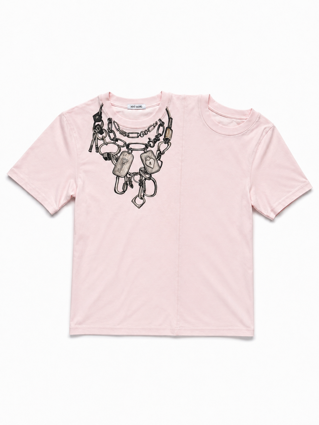 MINASEONG baby pink dual-neck chain short sleeve T-shirt laid flat